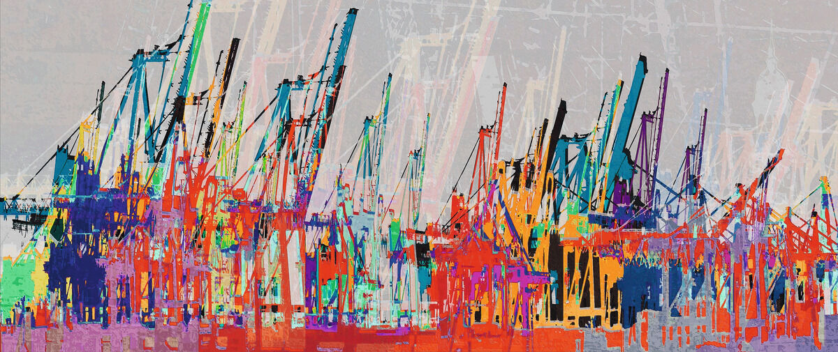 Ein digitaler Druck von Asghar Keyhanian mit dem Titel »Hafen«. Das Bild zeigt bunte, abstrakte Darstellungen von Hafenkränen in leuchtenden Farben vor einem grauen Hintergrund. Die Industrieanlagen sind detailliert und in kräftigen Blau-, Rot-, Grün-, Gelb-, Orange-, Schwarz- und Weißtönen gehalten.