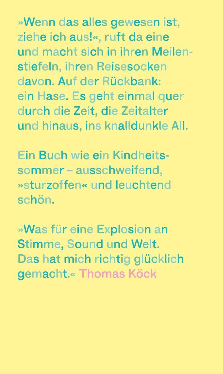 Das Bild zeigt das Buchcover von 'Hasenprosa' von M. Kames. Der Hintergrund ist gelb und zeigt mehrere Textpassagen in blauer Schrift und ein Zitat von Thomas Köck in roter Schrift.