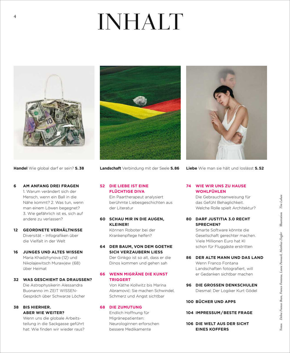 Das Bild zeigt das Inhaltsverzeichnis der ZEIT WISSEN Ausgabe 5/22 mit dem Titel 'Die große Kraft der Heiterkeit'. Zu sehen ist eine Übersicht der Artikel und Kolumnen, einige Bilder und ein leicht minimalistisches Layout.