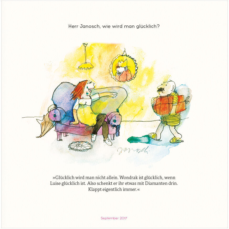 Eine humorvolle und bunte Illustration von Janosch aus dem Buch 'Herr Wondrak: Wie kommt man durchs Leben?'. Eine Frau und Herr Wondrak stehen in einem Wohnzimmer, das von einer warmen Lampe beleuchtet wird. Die Zeichnung zeigt lebhafte Farben und einen humorvollen Stil.