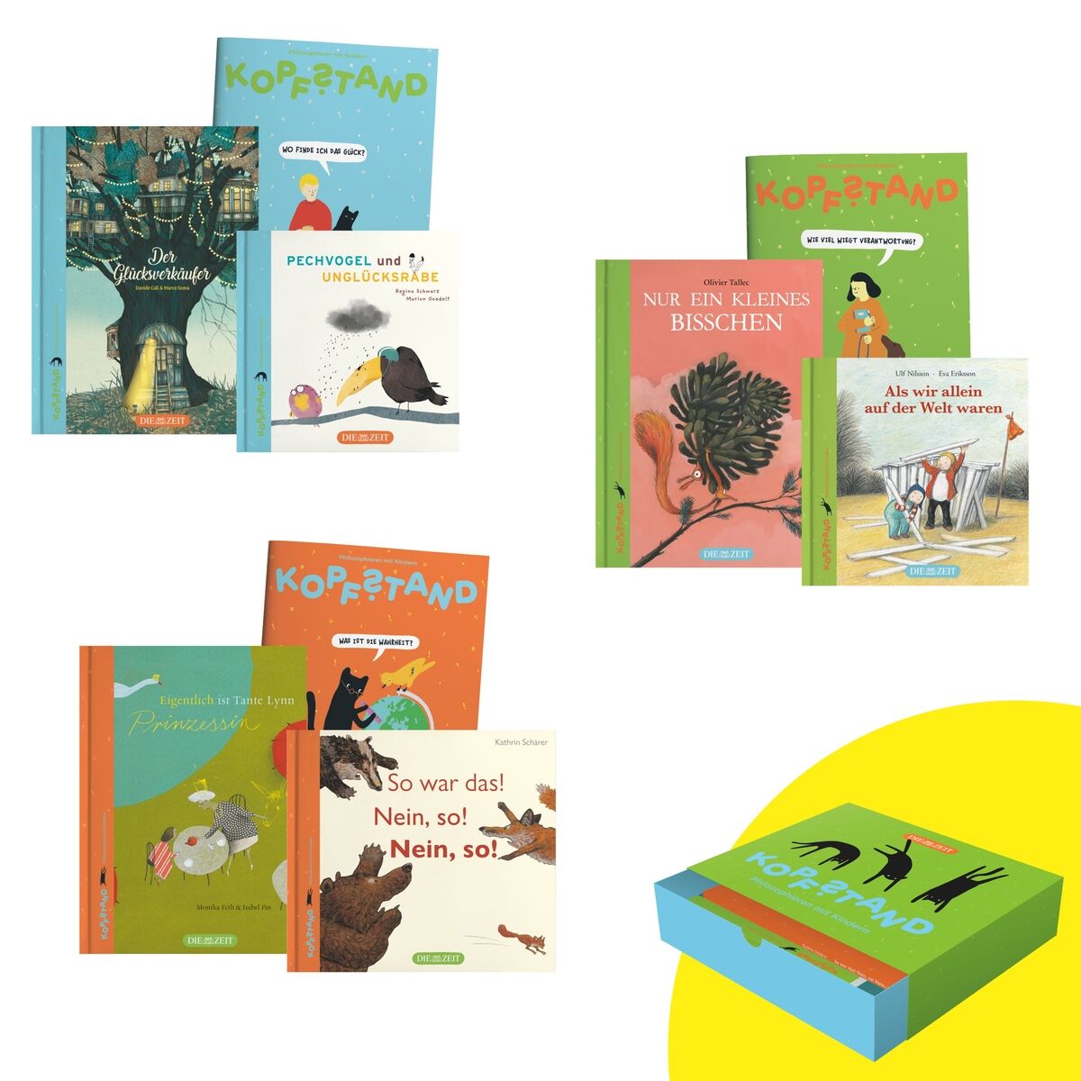Ein Buchset mit sechs Kinderbüchern aus der ZEIT-Edition »Kopfstand«. Die Bücher haben farbenfrohe Einbände in Orange, Blau, Grün und Gelb. Die Titel umfassen eine Vielzahl von Geschichten und Märchen, die von fantasievollen Illustrationen begleitet werden. Das Set ist ideal als Geschenk und zur Leseförderung für Kinder.