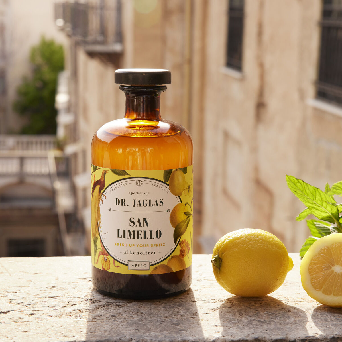 Eine Flasche »San Limello« alkoholfreier Aperitif von Dr. Jaglas steht auf einem Tisch. Daneben liegen frische Zitronen und Minzblätter. Im Hintergrund ist eine sonnige Stadtlandschaft zu sehen.