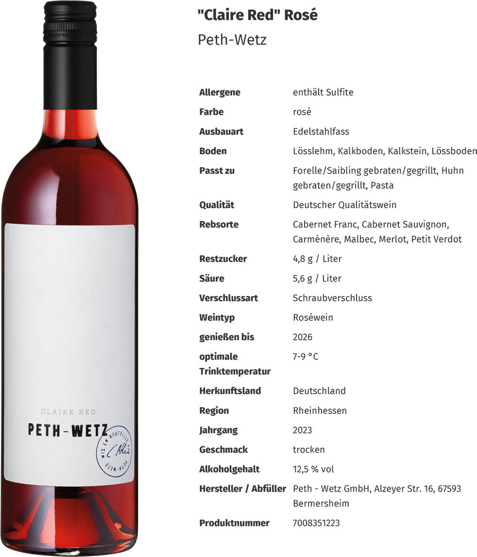 Eine Flasche Roséwein des Produkts »Gartenparty« von ZEIT-Selektion, hergestellt von Peth-Wetz, mit einem klaren Etikett und einem Schraubverschluss. Der Wein hat eine tiefrote Farbe und Informationen zum Inhalt sind auf dem Etikett aufgedruckt.