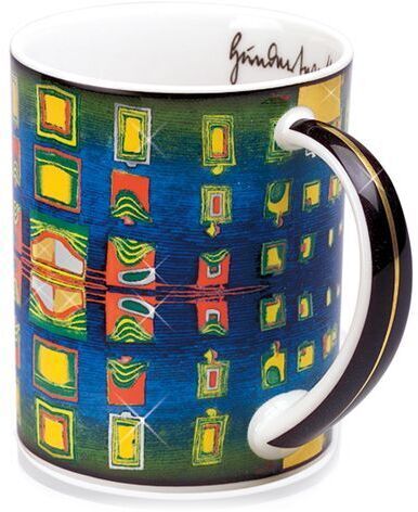 Eine Tasse mit einem Design von Friedensreich Hundertwasser, das farbenfrohe geometrische Muster in Blau, Grün, Gelb, Rot und Weiß zeigt.