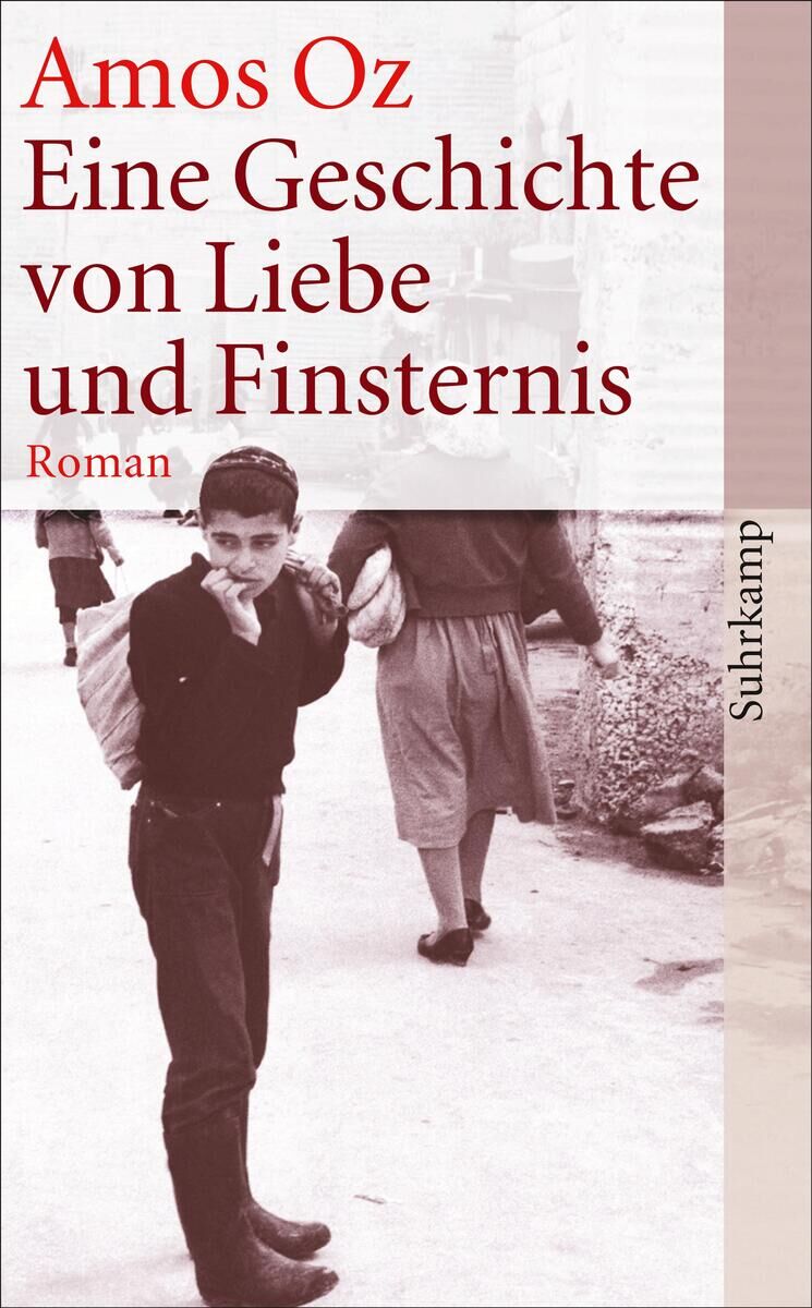 Buchcover von 'Eine Geschichte von Liebe und Finsternis' von Amos Oz. Das Cover zeigt einen Jungen mit trauriger Haltung, der auf der Straße steht.