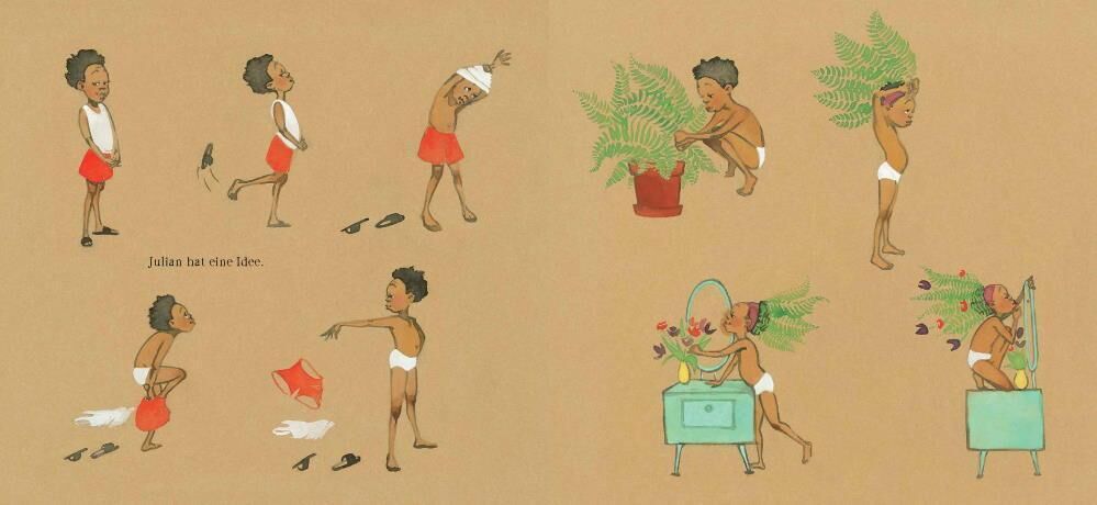 Illustration aus dem Kinderbuch 'Julian ist eine Meerjungfrau' zeigt verschiedene Szenen eines Kindes namens Julian in fantasievollen und alltäglichen Tätigkeiten auf braunem Hintergrund. Julian trägt Shorts und spielt mit Accessoires, Bändern und Pflanzen.