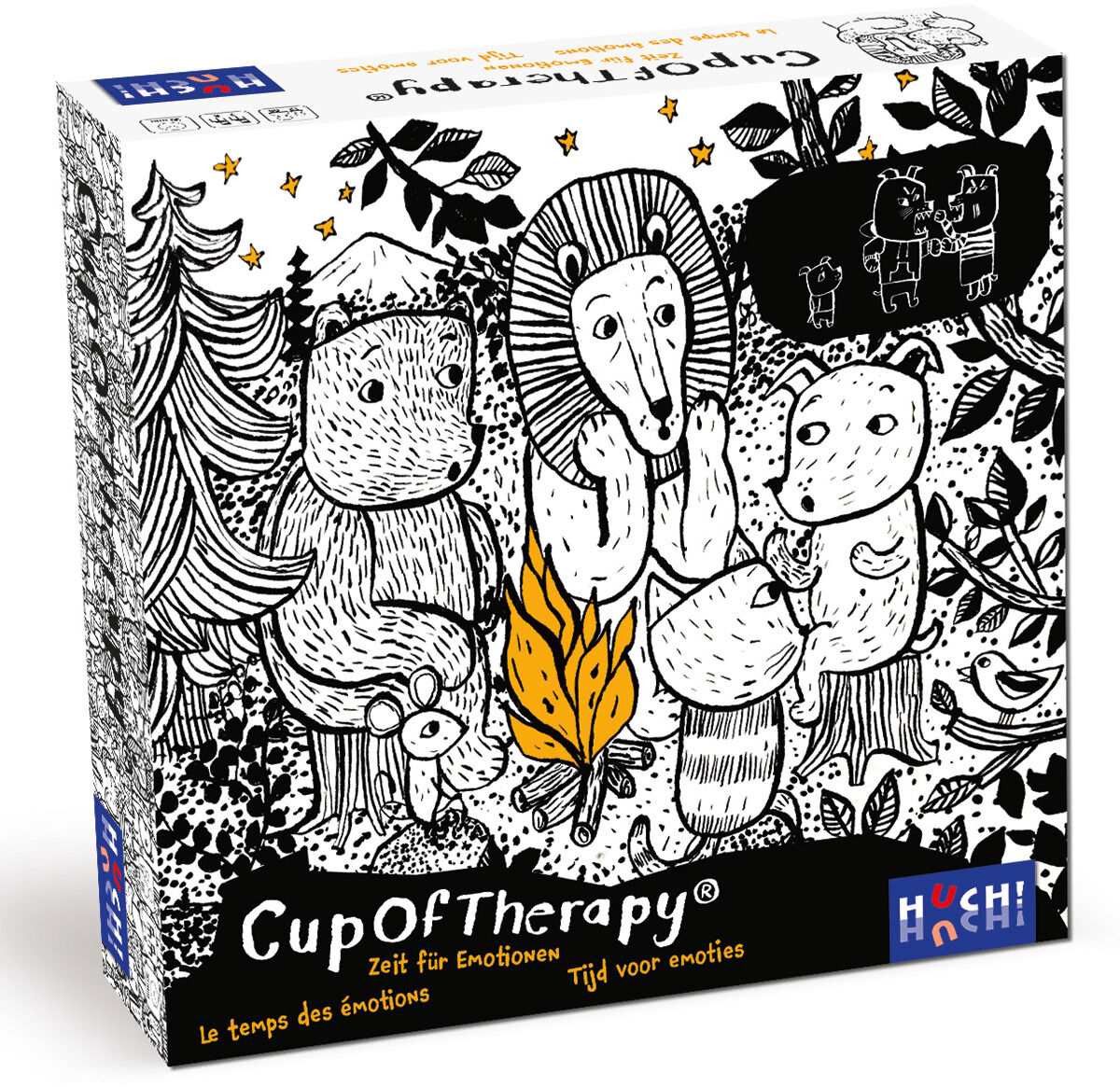 Spiel 'Cup Of Therapy - Zeit für Emotionen' von Huch! mit einer schwarz-weißen Illustration von Tieren, die auf Baumstümpfen sitzen und interagieren, verpackt in einer bunten Schachtel.