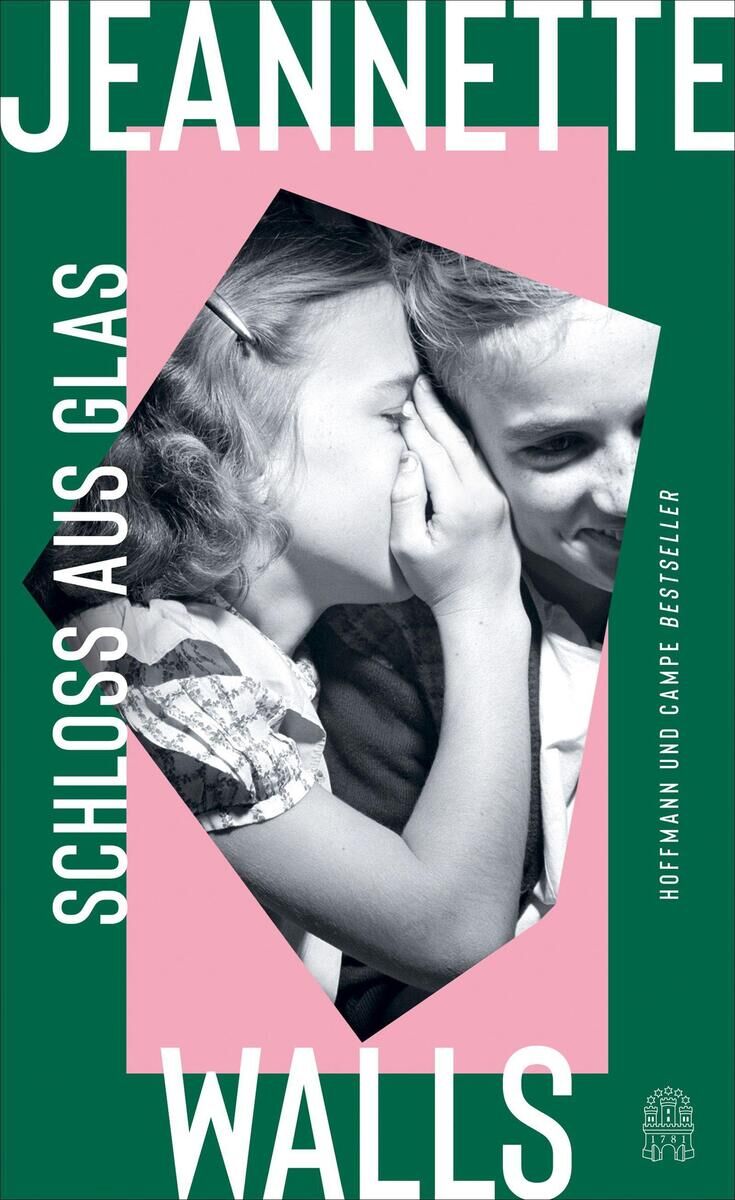 Buchcover von 'Schloss aus Glas' von Jeannette Walls. Auf dem Cover sind ein Mädchen und ein Junge in Schwarz-Weiß zu sehen. Das Cover hat einen grünen Hintergrund mit rosa Ecken. Der Titel ist in weißen Großbuchstaben an der Seite und oben abgedruckt. Der Name der Autorin ist ebenso in weißen Großbuchstaben oben auf dem Cover zu lesen.