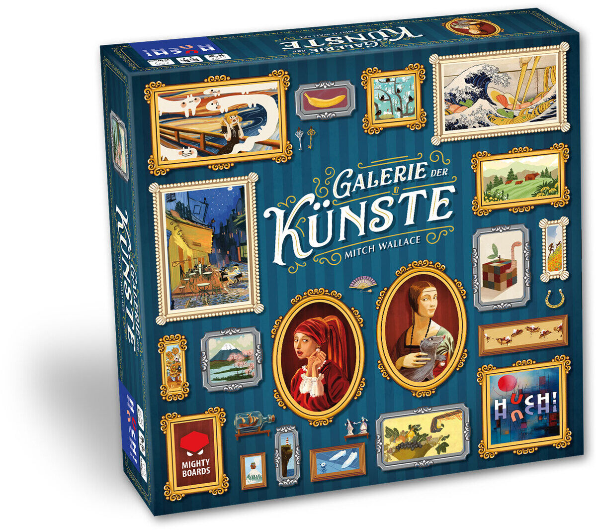 Spielschachtel des Brettspiels 'Galerie der Künste' mit bunten Illustrationen von Kunstwerken in goldenen Rahmen. Auf der Schachtel sind verschiedene Gemälde und Miniaturbilder abgebildet.