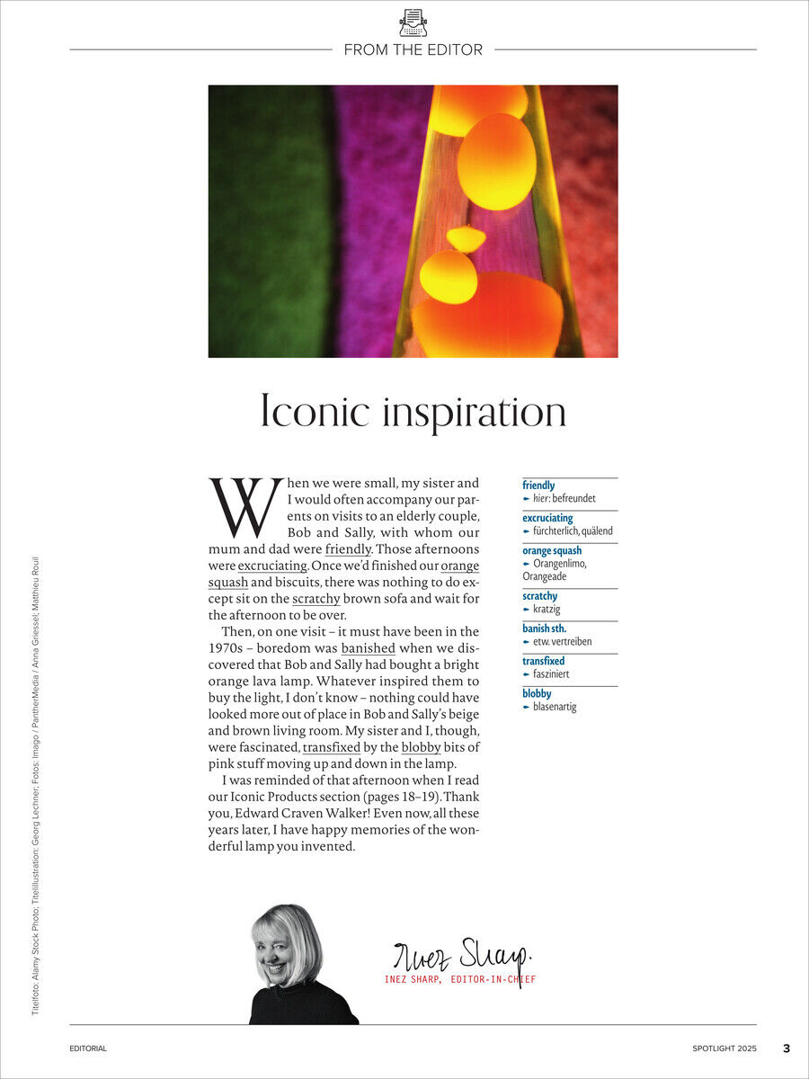 Seite des Spotlight Magazins 5/2025 mit einem Bild einer Lava Lampe oben und einem Artikel von der Redaktion. Der Text umfasst persönliche Erinnerungen an ikonische Designobjekte aus den 1970er Jahren. Farbige Akzente in Orange und Lila sind zu sehen.