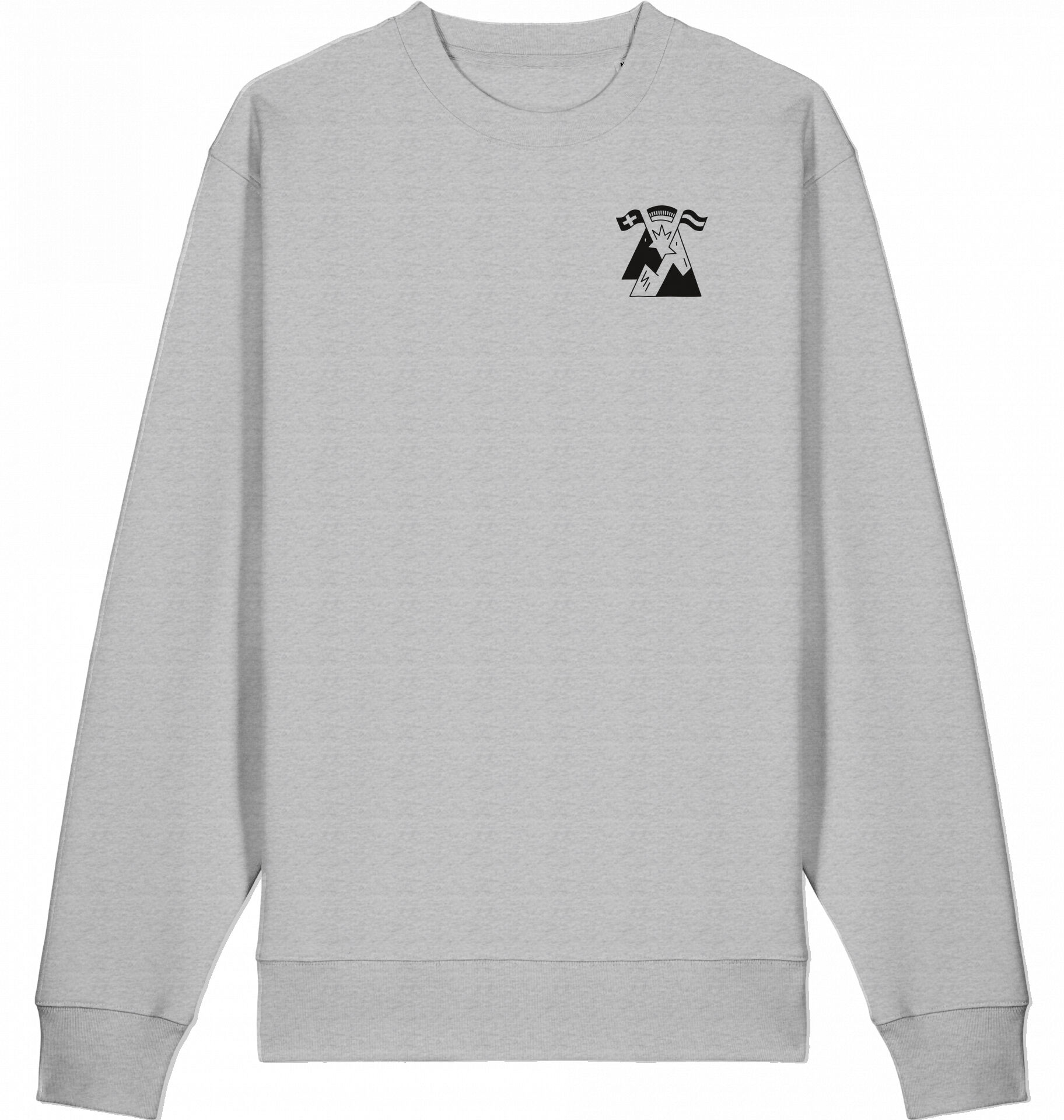 Hellgrauer Sweater mit einem kleinen, schwarzen Bergmotiv und den drei Grußworten »Servus. Grüezi. Hallo.« auf der linken Brustseite. Das Design eignet sich für Alpenfans und Menschen mit Bezug zu Deutschland, Österreich und der Schweiz.