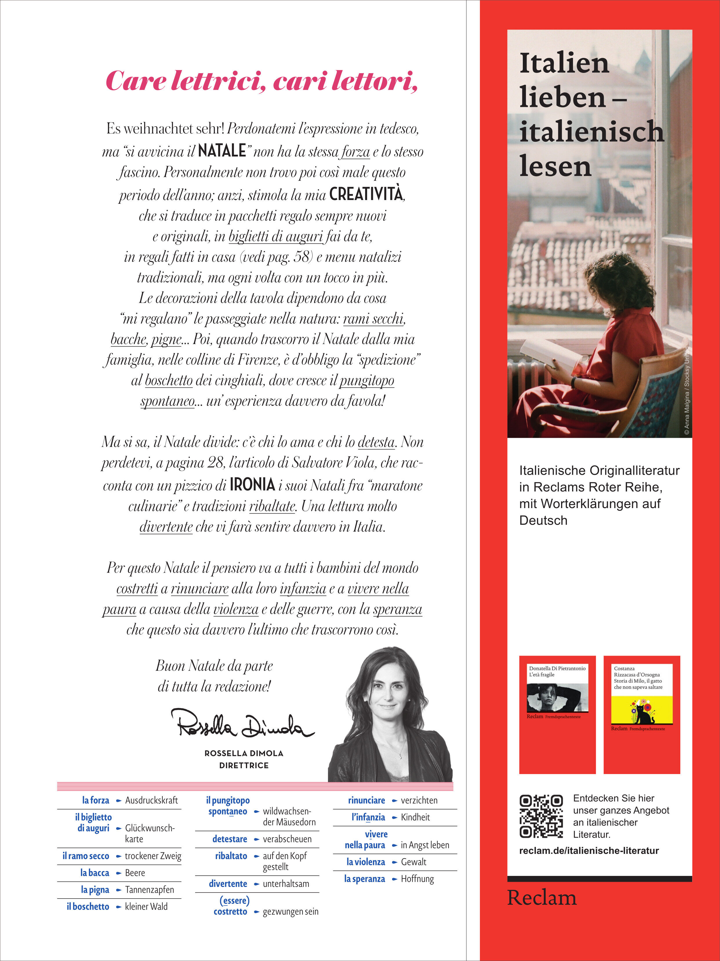 Detailreiche, illustrierte Magazinseite von 'Adesso Magazin 14/2025' mit weihnachtlichem Gruß, Autorenfoto, handschriftlicher Signatur und Infobox zu einer italienischen Buchreihe. Enthält dekorative Schriftzüge, Textblöcke, Buchcover-Abbildungen und ein stimmungsvolles Foto einer lesenden Frau auf einem Balkon.