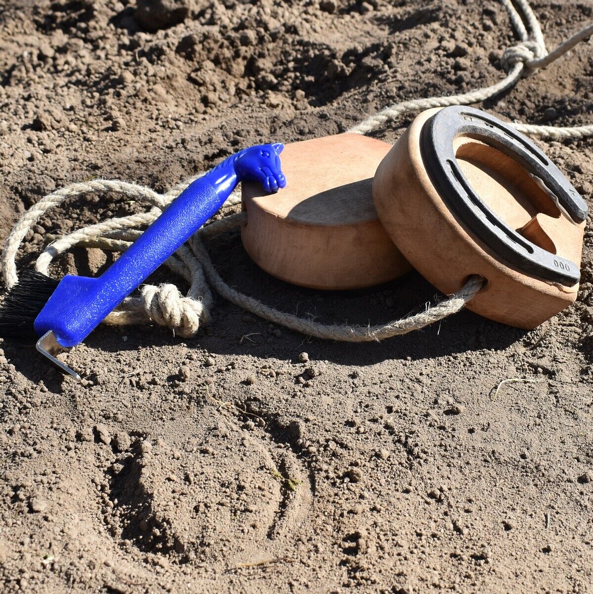 Holzspielhufeisen und blaue Wurfhilfe auf sandigem Boden, verbunden mit einer Schnur.