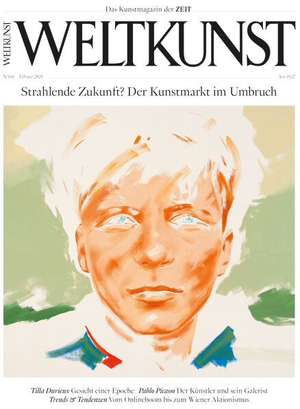 Titelbild des Magazins WELTKUNST 181/21 zeigt eine künstlerische Zeichnung eines Gesichts in verschiedenen Farben, darunter Weiß, Orange, Grün, Blau und Rot. Darüber steht der Titel 'Strahlende Zukunft? Der Kunstmarkt im Umbruch' in schwarzen Buchstaben.