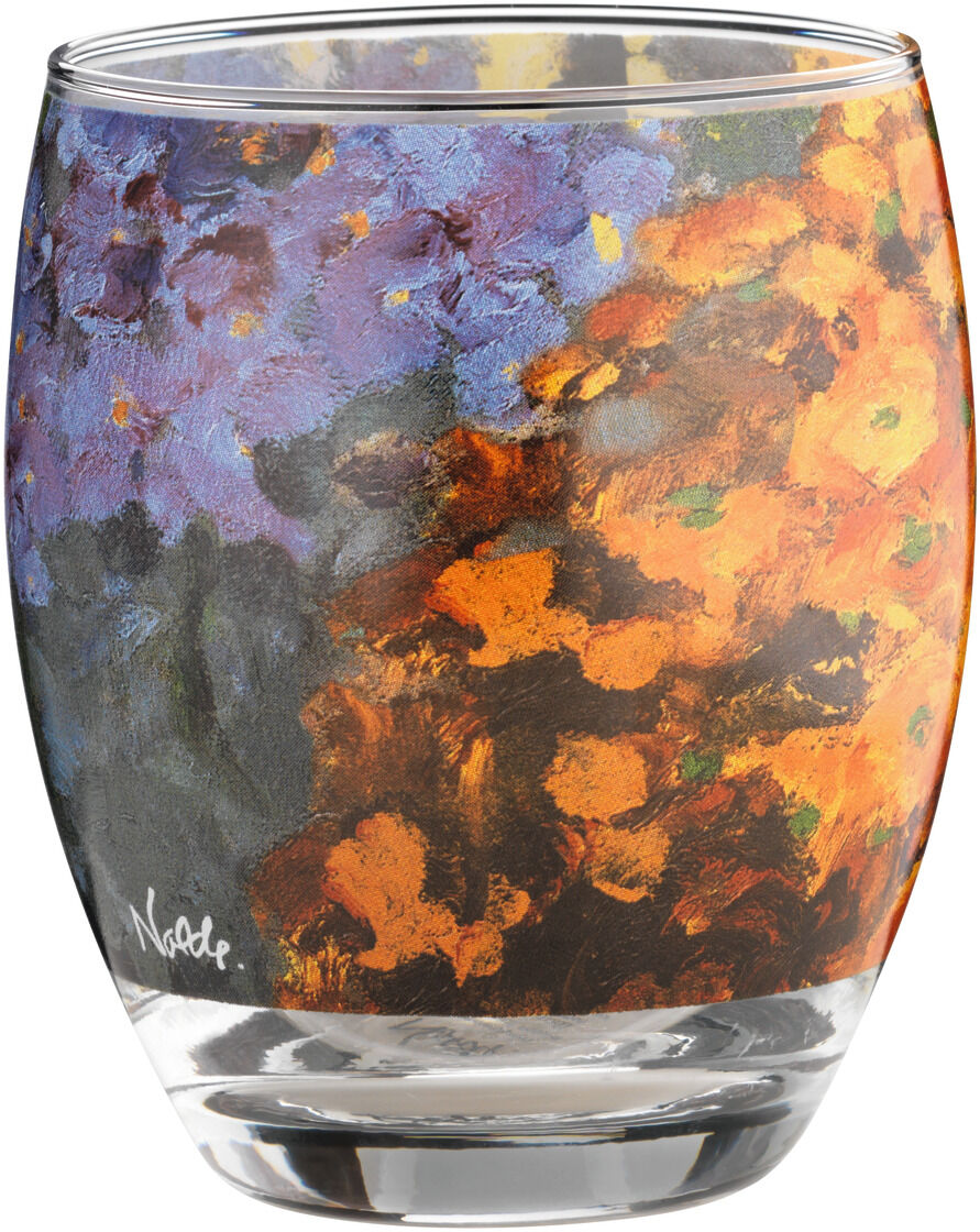 Ein Teelichtglas mit lebendigem Blumenmuster, inspiriert von Emil Nolde. Das Glas zeigt kräftige Farben wie Blau, Lila, Orange und Rot, die kunstvoll ineinander übergehen.