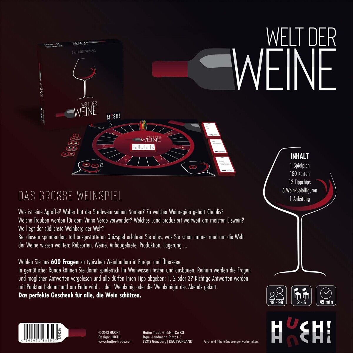 Verpackung des Wein-Quizspiels 'Welt der Weine' mit Spielbrett, Karten und Anleitung auf dunklem Hintergrund. Enthält Wein-Quizfragen und ist ideal für Weinliebhaber.