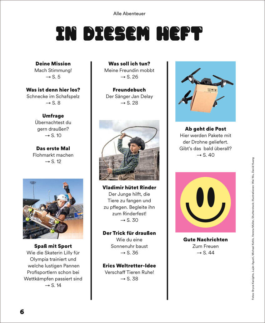 Eine Seite aus dem Kinderzeitschrift ZEIT LEO Ausgabe 4/24 zeigt verschiedene Artikelüberschriften und Bilder zu den Themen Abenteuer, Sport, Freundschaft und mehr. Bunte Bilder und Texte sind auf gelbem, blauem und pinkem Hintergrund verteilt.