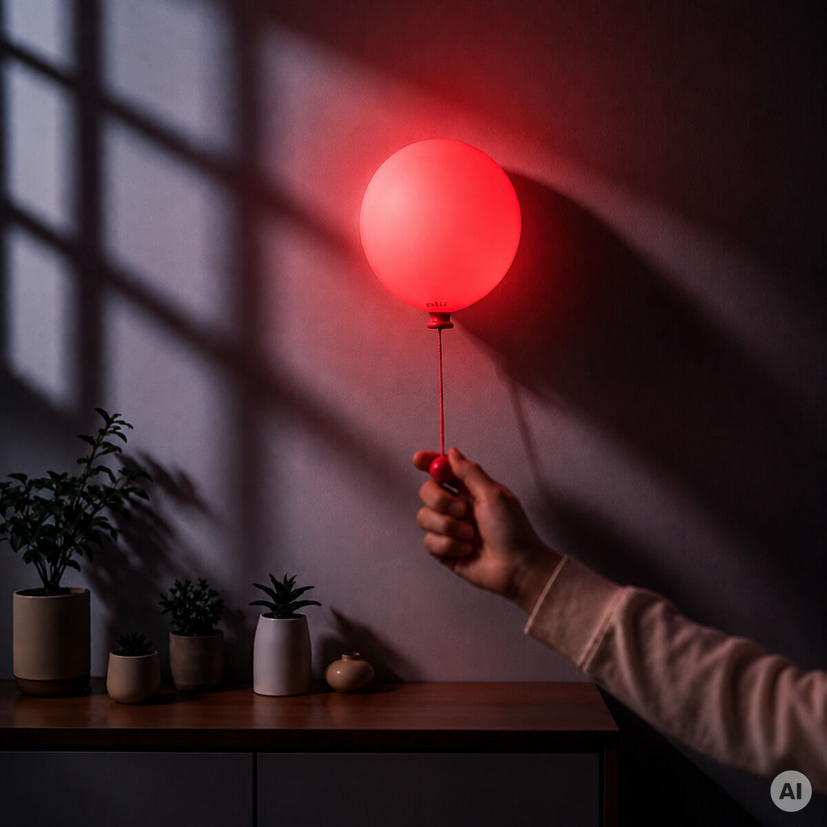 Die Leuchte »Mimo Ballon« von Gingko Design Ltd in der Farbe Coral Bloom leuchtet wie ein roter Ballon an einer Wand. Ein Arm hält eine Ballonschnur. Darunter stehen Pflanzen auf einem Holzmöbel. Licht und Schatten erzeugen eine warme, einladende Atmosphäre im Raum.
