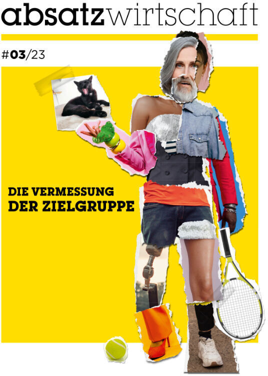Cover der Zeitschrift absatzwirtschaft Ausgabe 3/23 mit dem Titel 'Die Vermessung der Zielgruppe', zeigt eine Collage aus verschiedenen Personen und Aktivitäten auf einem gelben Hintergrund.