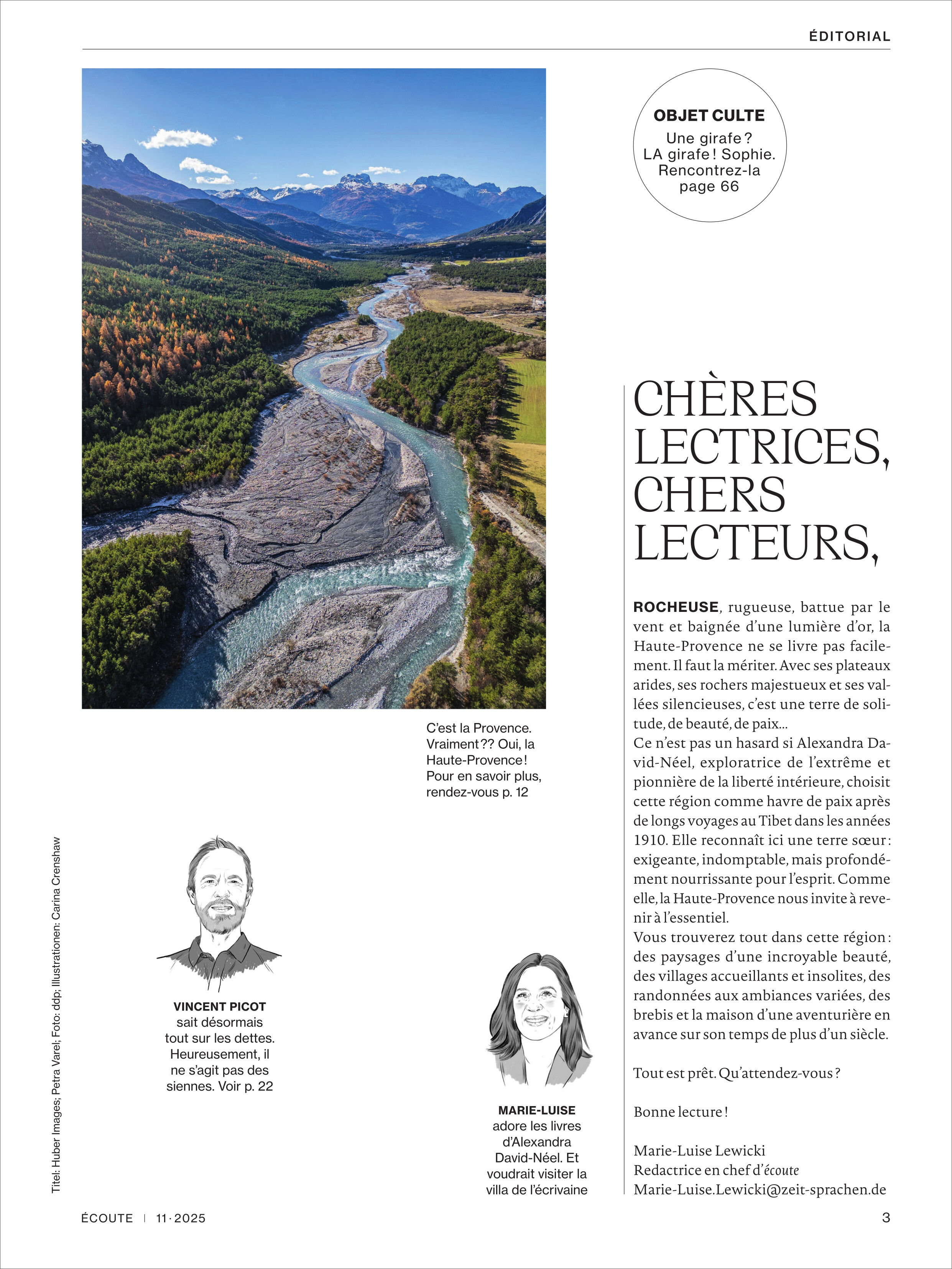 Titelseite der Ausgabe 11/2025 des Écoute Magazins mit einem großformatigen Foto einer französischen Fluss- und Berglandschaft, redaktionellen Texten und Illustrationen von zwei Redakteurinnen auf weißem Hintergrund. Das Magazin richtet sich an Menschen, die Französisch lernen oder sich für die französische Kultur interessieren.