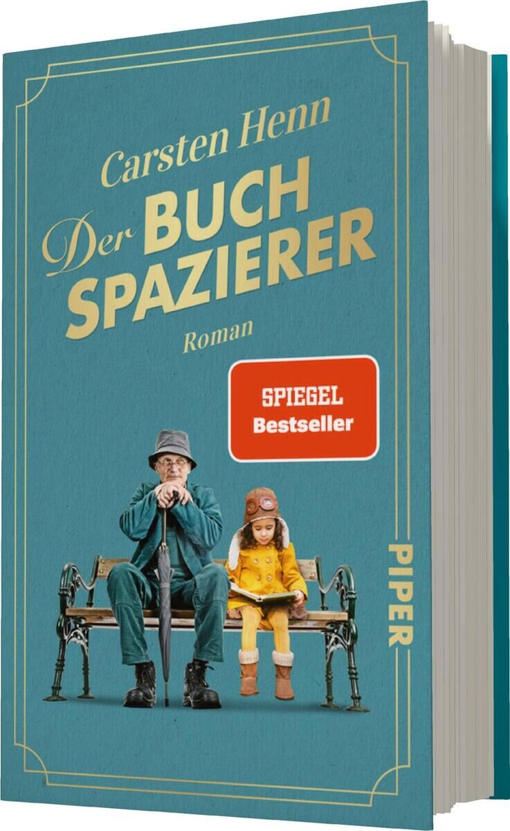 Türkisfarbenes Buchcover von 'Der Buchspazierer' von Carsten Henn. Oben steht der Titel und der Autor. Darunter sieht man eine Illustration eines alten Mannes mit Bart, der auf einer Bank sitzt, neben ihm sitzt ein junges Mädchen mit gelber Mütze. Rechts daneben ist ein rotes Schild mit der Aufschrift 'SPIEGEL Bestseller'.