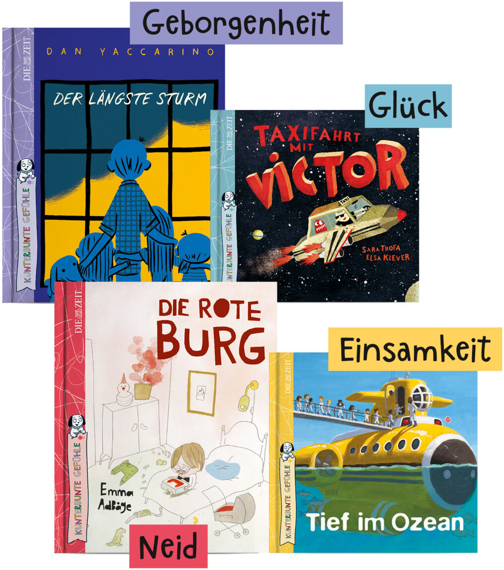Fünf bunte Kinderbücher mit Titeln 'Geborgenheit', 'Glück', 'Einsamkeit', 'Neid', und 'Dan Yaccarino' sind aufgereiht. Jede mit verschiedenen Farben und Illustrationen zu unterschiedlichen Gefühlen.