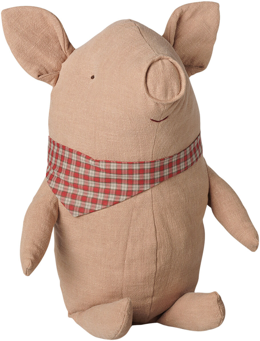 Das Bild zeigt das Maileg Kuscheltier »Großes Trüffelschwein«. Das Schwein ist aus rosafarbenem Stoff gefertigt und trägt ein kariertes Halstuch in Rot-Beige. Es hat große Ohren, einen Ringelschwanz und einen gestickten Mund. Das Design wirkt freundlich und weich.