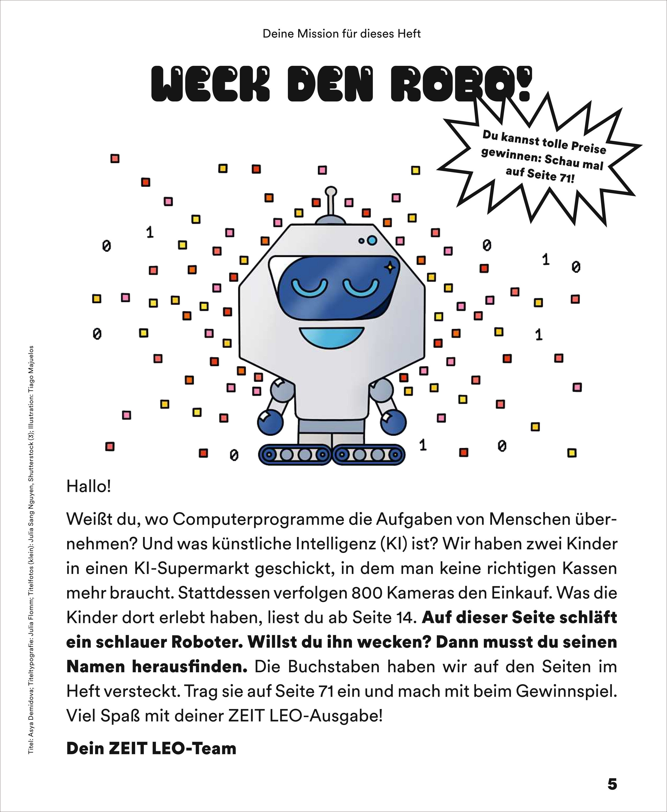 Eine Seite der ZEIT LEO 3/25 Zeitschrift zeigt einen illustrierten Roboter mit der Überschrift 'Weck den Robo!'. Der Roboter ist in blauen und weißen Farben gehalten. Der Text ermutigt Kinder, mehr über schlaue Roboter und KI zu erfahren. Aufrufe wie 'Du kannst tolle Preise gewinnen' und 'Schau mal auf Seite 7!' sind zu sehen.