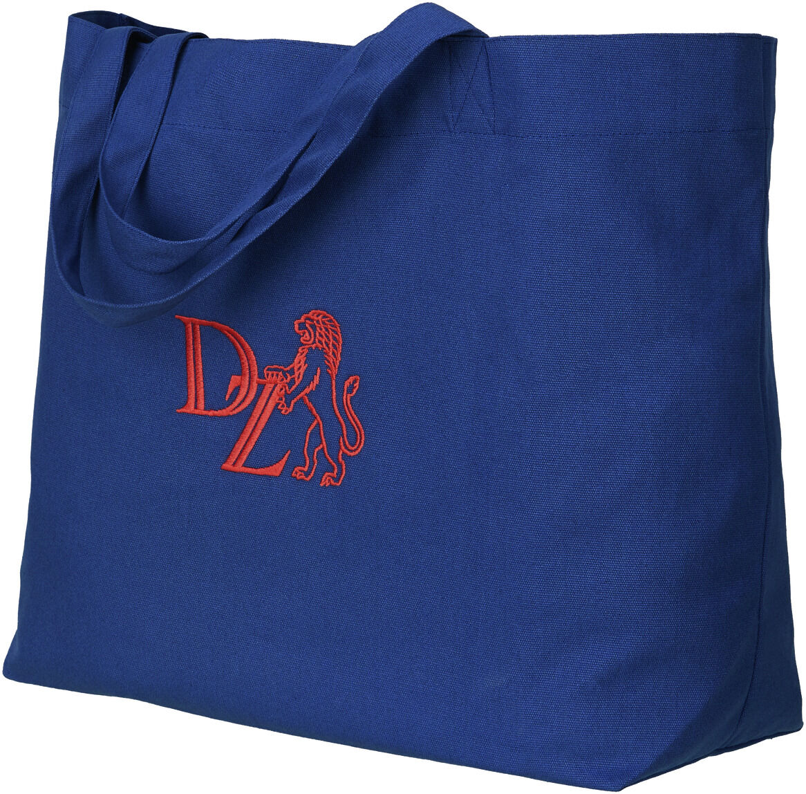 Eine blaue Canvas-Tasche mit einem roten Löwen-Logo auf der Vorderseite.