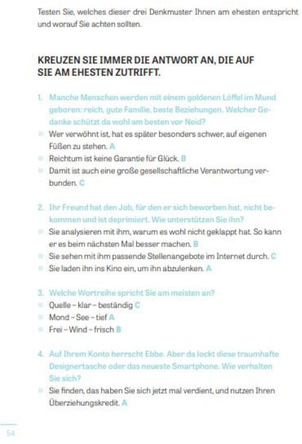 Eine Seite aus dem Magazin ZEIT WISSEN mit der Überschrift „Kreuzen Sie immer die Antwort an, die auf Sie am ehesten zutrifft“ und mehreren Fragen und Antwortmöglichkeiten in schwarzem und türkisfarbenem Text auf weißem Hintergrund.