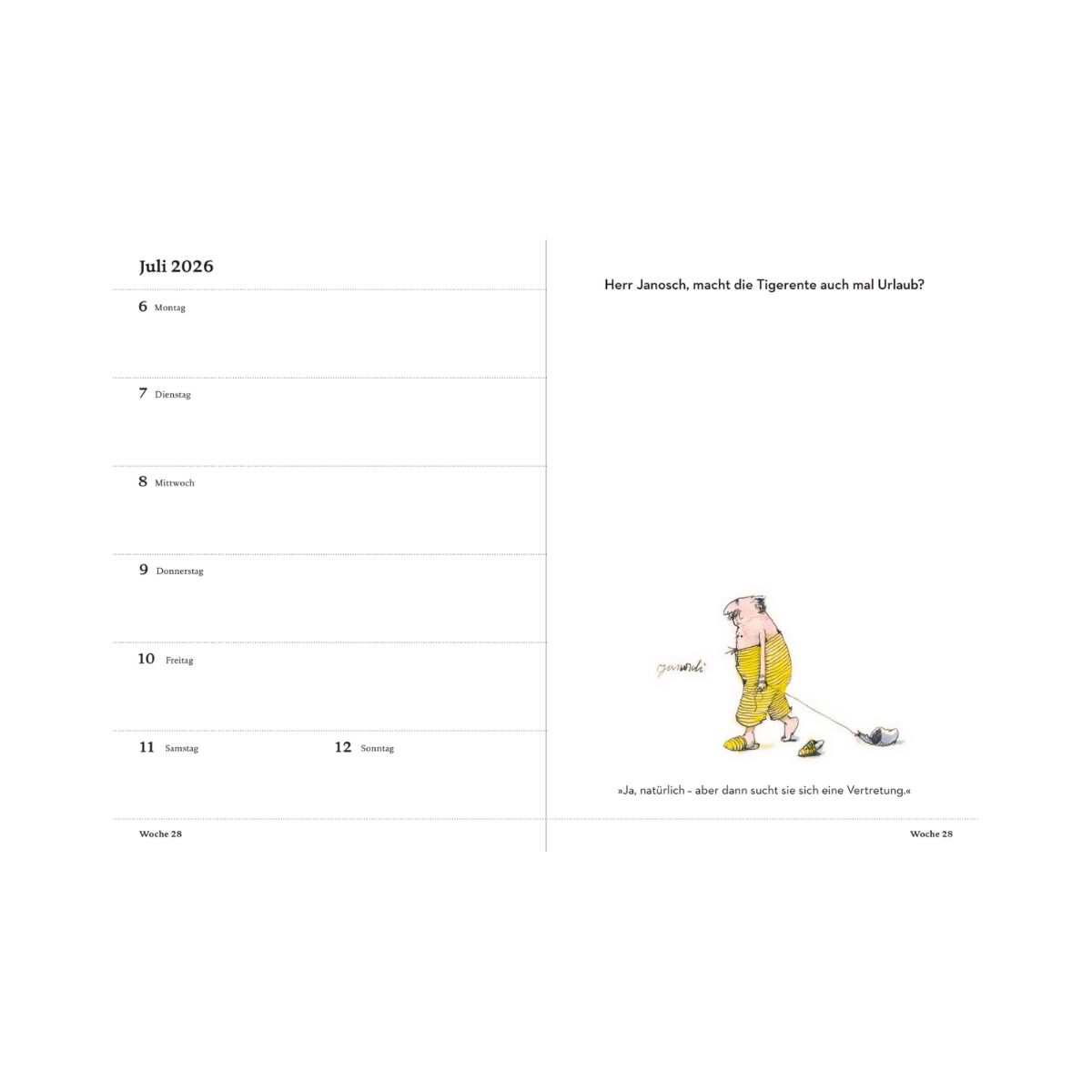 Taschenbuchkalender »Wondrak für alle Lebenslagen« mit Wochenübersicht und humorvollen Illustrationen von Janosch für das Jahr 2026, geeignet zur Organisation und Zeitplanung.