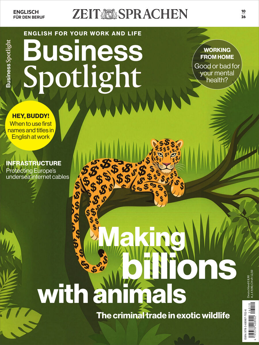 Titel: Business Spotlight Magazin 10/2026 von Spotlight Verlag. Das Cover zeigt intensiv grüne Dschungel-Szenerie mit einem Jaguar, dessen Fell mit Dollarzeichen bedruckt ist. Highlight: "Making billions with animals" – Das kriminelle Geschäft mit exotischen Wildtieren als Titelthema.