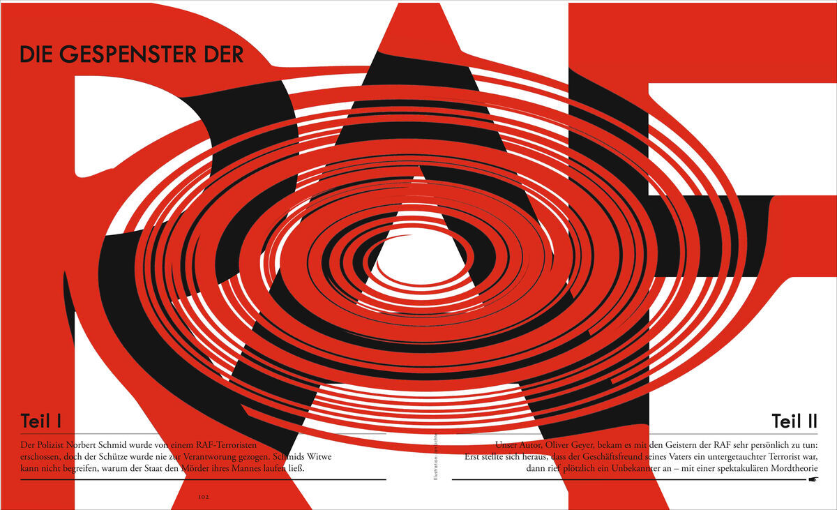 Das Cover des Magazins ZEIT Verbrechen 2/18 zeigt in großen, roten und schwarzen Grafiken das Wort 'RAF'. Es behandelt Themen der Geschichte und des Terrors der Rote Armee Fraktion in Deutschland.