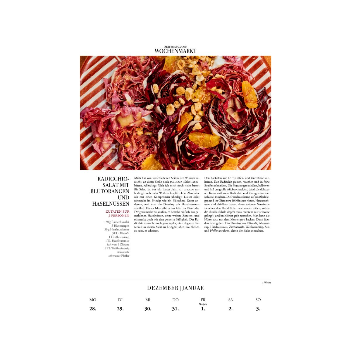Kalenderblatt aus dem »Wochenmarkt« Kalender 2026 mit einem Rezept für Radicchio-Salat mit Blutorangen und Haselnüssen, farbenfroher Foodfotografie und Monatsübersicht unten.