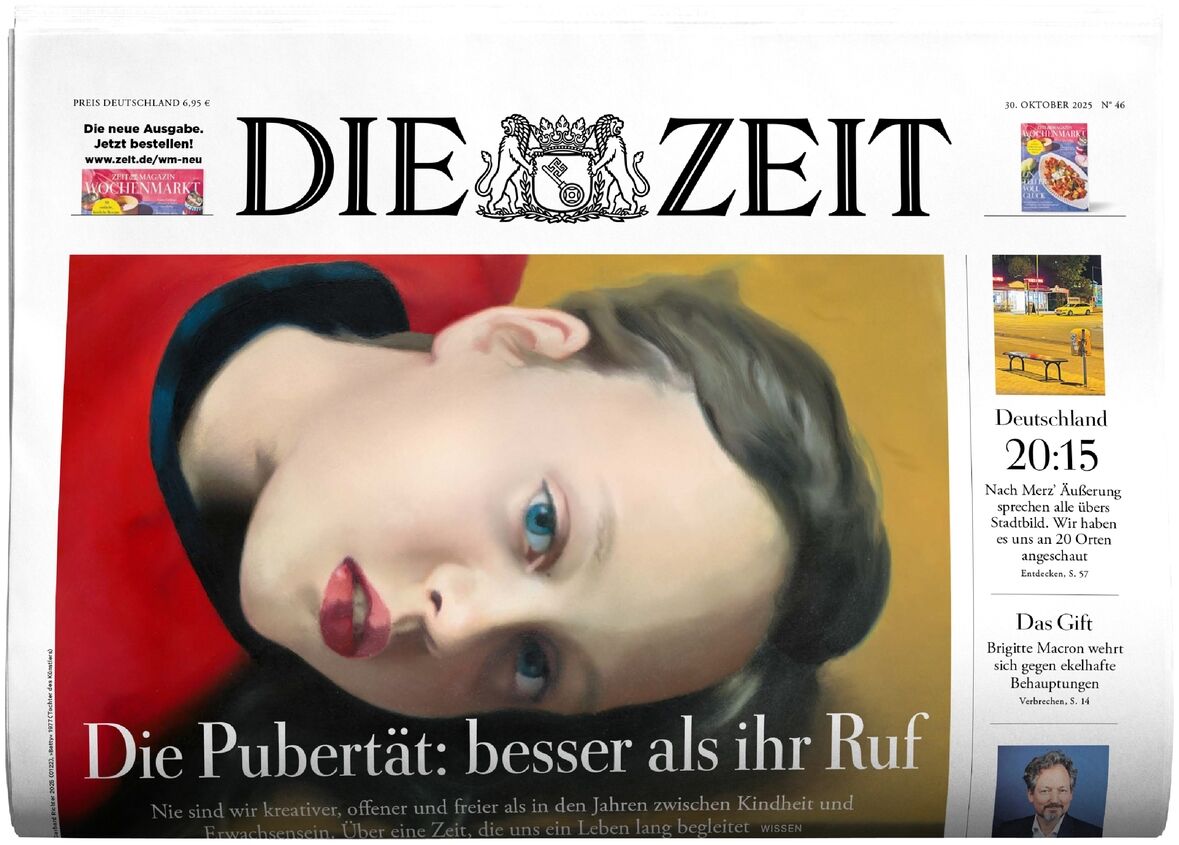 Titelblatt der deutschen Wochenzeitung DIE ZEIT Ausgabe 46/2025 mit künstlerischem Porträt eines Jugendlichen und Hauptthema zur Pubertät. Deutlich sichtbares Logo der Zeitung, Textbeiträge und farbig gestaltetes Titelbild. Das Layout wirkt modern und informativ.