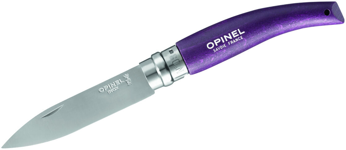 Ein lila Klappmesser von Opinel mit einer silbernen Metallklinge, ideal für Gartenarbeiten.