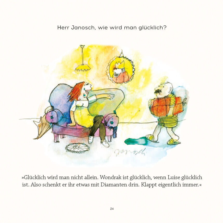Eine bunte Illustration aus dem Buch 'Herr Janosch, wie ist man sich selbst genug?', die eine glückliche Szene mit zwei Figuren zeigt. Eine Person sitzt auf einem rosa Sofa mit einem Buch in der Hand, während eine andere Figur in gestreifter Kleidung etwas zu ihr bringt. Im Hintergrund ist eine sonnenförmige Wanddekoration sichtbar.