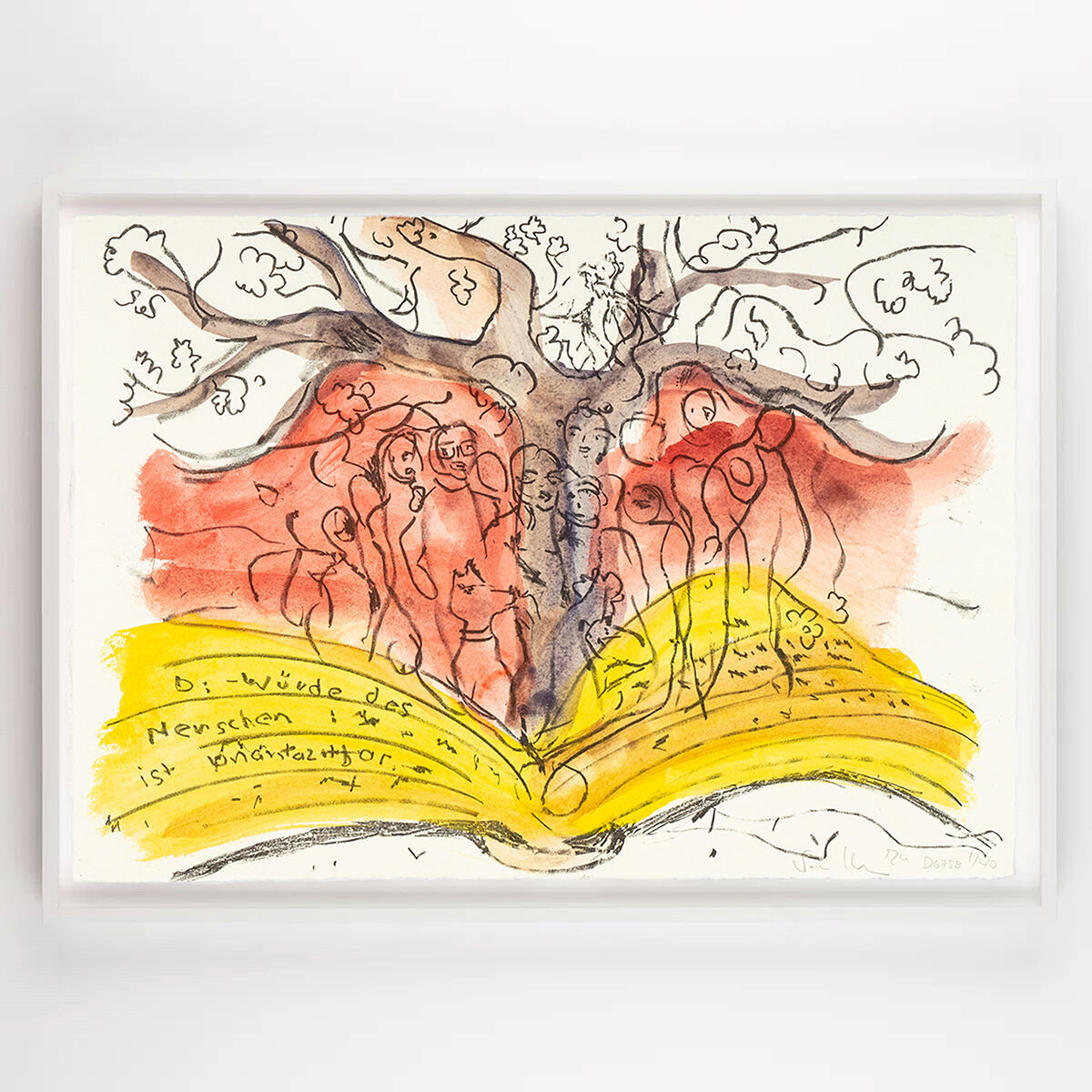 Eine gerahmte Lithografie mit dem Titel »DG 75B«, Teil der ZEIT-Sonderedition aus dem Jahr 2024. Das Kunstwerk zeigt eine abstrakte Szene mit Wurzeln und Zweigen, die aus einem offenen Buch hervorgehen. Die Farben Gelb und Rot dominieren, während die Schrift im Buch in Schwarz gehalten ist, alles auf einem weißen Hintergrund.