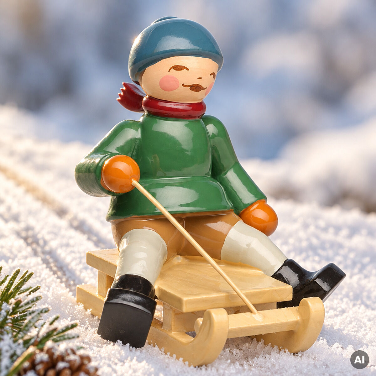 Handbemalte Holzfigur »Winterkinder – Junge auf Schlitten« der Marke Wendt & Kühn. Ein Junge mit grünem Mantel, blauer Mütze und rotem Schal sitzt lächelnd auf einem klassischen Holzschlitten. Figur auf verschneitem Tisch, mit Tannenzweig und Zapfen im Vordergrund.