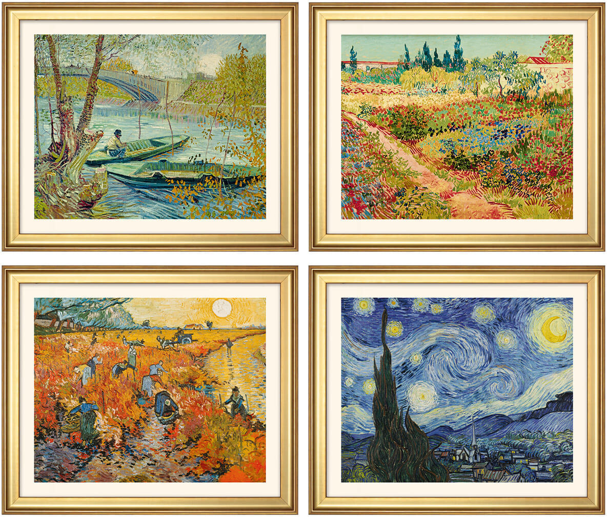 Ein Satz von vier Landschaftsbildern von Vincent van Gogh, die in goldenen Rahmen präsentiert werden. Die Bilder zeigen verschiedene Landschaften in lebendigen Farben, typischerweise im Impressionismus-Stil von van Gogh.