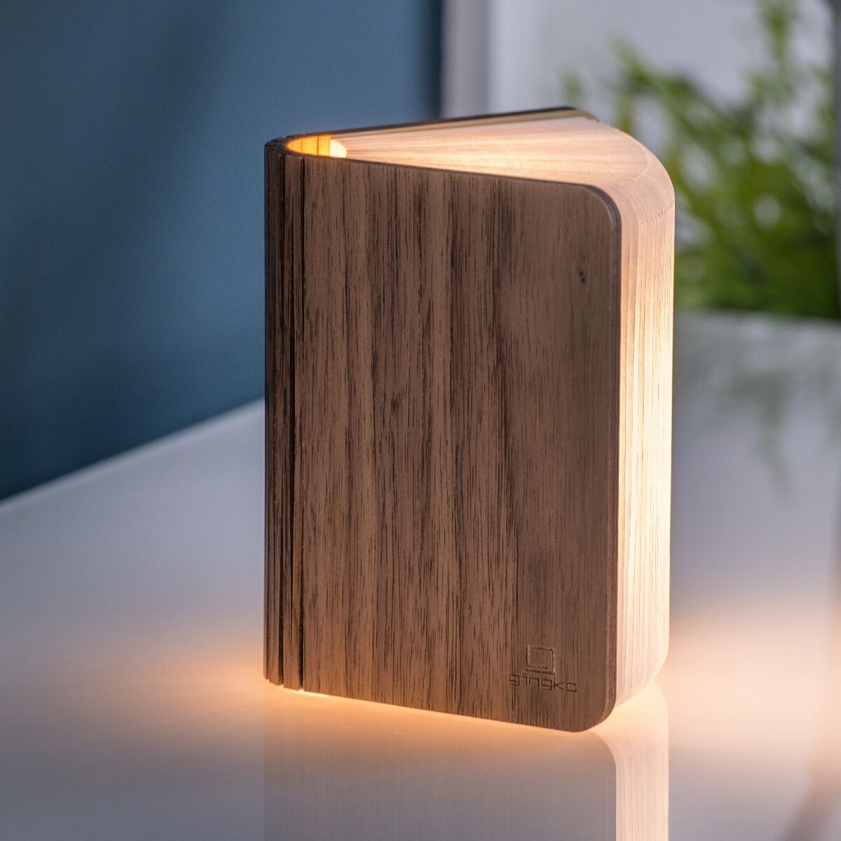 Ein Smart Booklight aus Walnussholz steht auf einem reflektierenden weißen Tisch. Die Buchformlampe hat warme LED-Beleuchtung und bietet ein modernes Design. Im Hintergrund sind unscharfe Pflanzen und ein Behälter mit Stiften zu sehen.