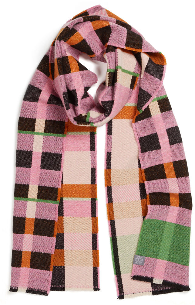 Ein farbenfroher Schal im Bauhaus-Stil mit einem geometrischen Muster. Der Schal zeigt verschiedene Farben wie Pink, Grün, Schwarz, Orange, Beige und Weiß. Er ist ein modisches Accessoire, das das ganze Jahr über getragen werden kann.