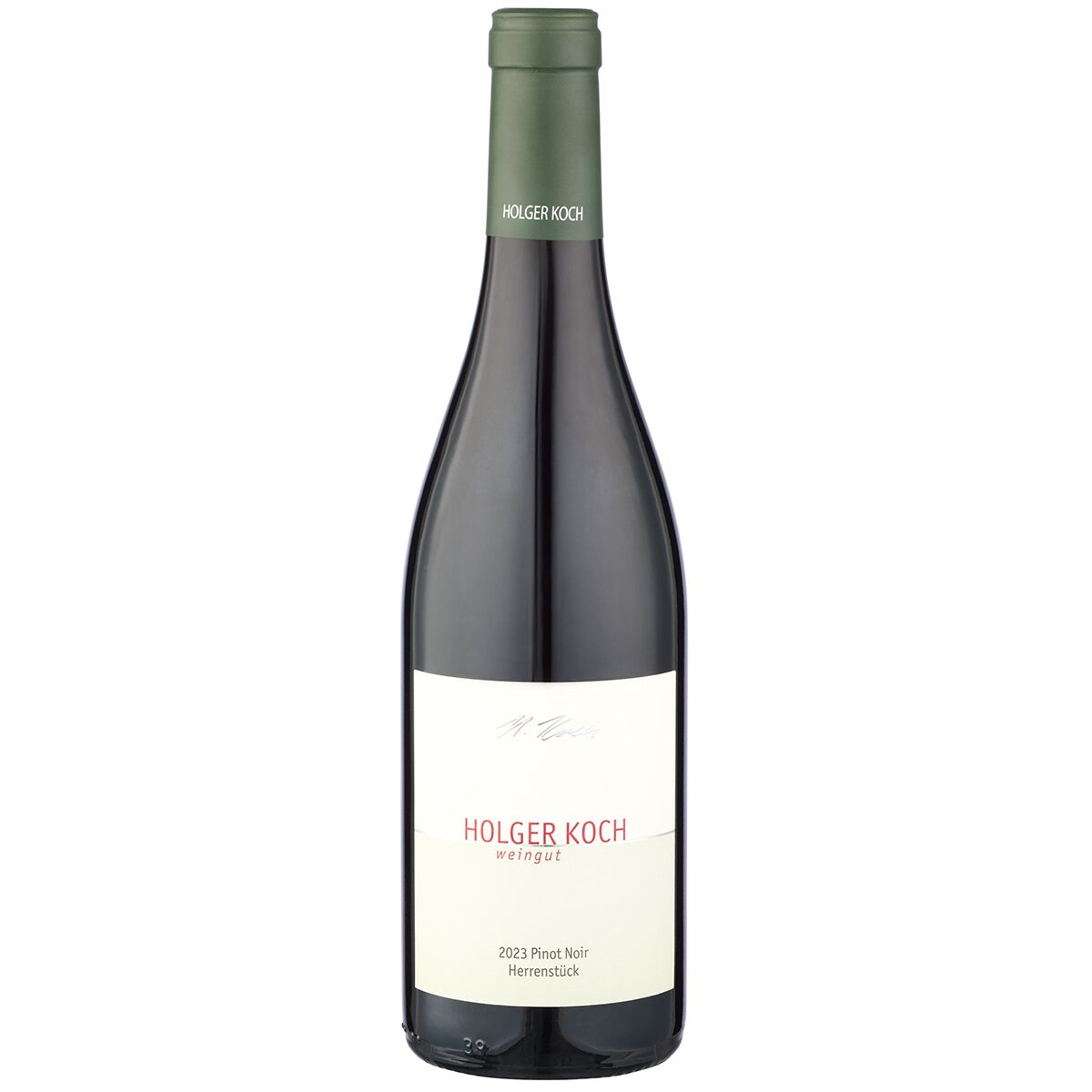 Eine einzelne Flasche deutscher Rotwein, »Baden« von Holger Koch, Jahrgang 2023, steht auf hellem Hintergrund. Das Etikett ist schlicht mit roter und schwarzer Schrift gestaltet. Die Flasche hat einen grünlichen Verschluss. Geeignet als Geschenk oder für festliche Anlässe.