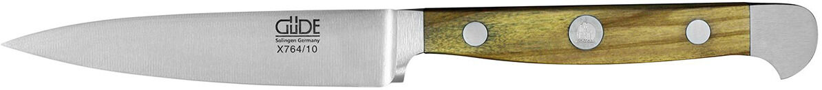 Ein Spickmesser mit einem Griff aus Olivenholz und einer silbernen Klinge, ideal für präzises Schneiden in der Küche.