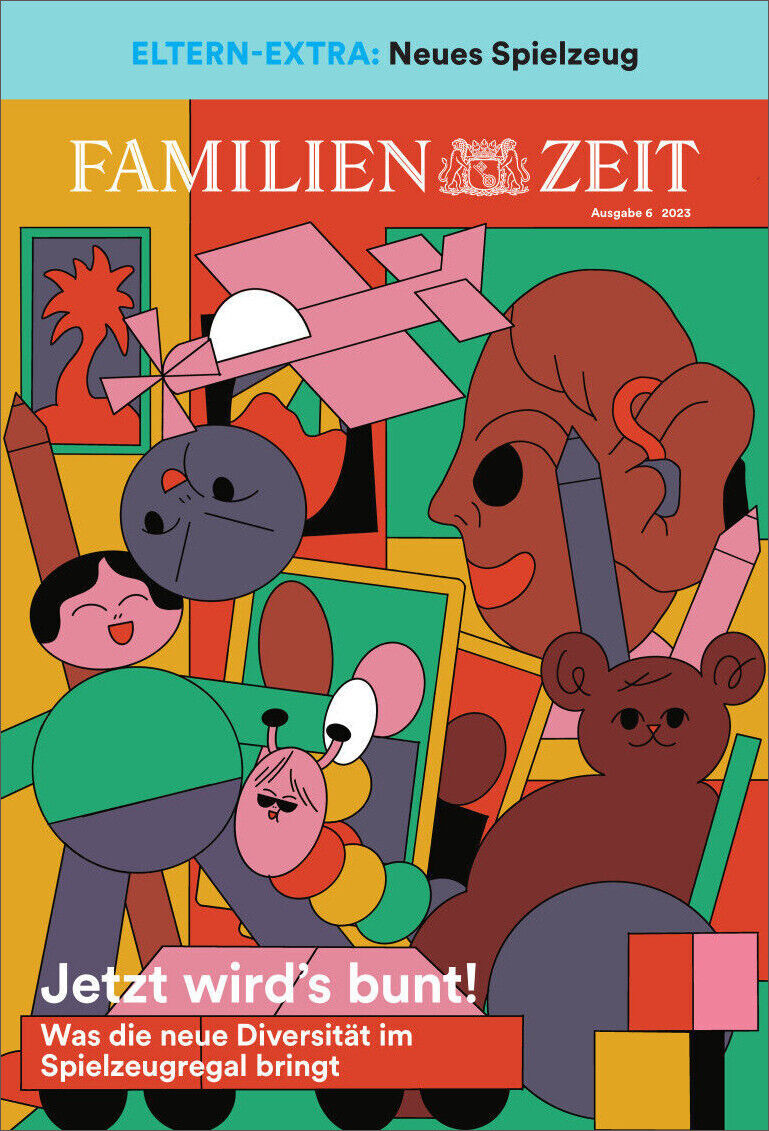 Abbildung des ZEIT LEO 6/23 Magazins mit dem Titel 'Das brauchen wir jetzt fürs Klima'. Das bunte Cover zeigt diverse Zeichnungen von Kindern und Spielzeugfiguren. Die Schlagzeile lautet 'Jetzt wird's bunt! Was die neue Diversität im Spielzeugregal bringt'.