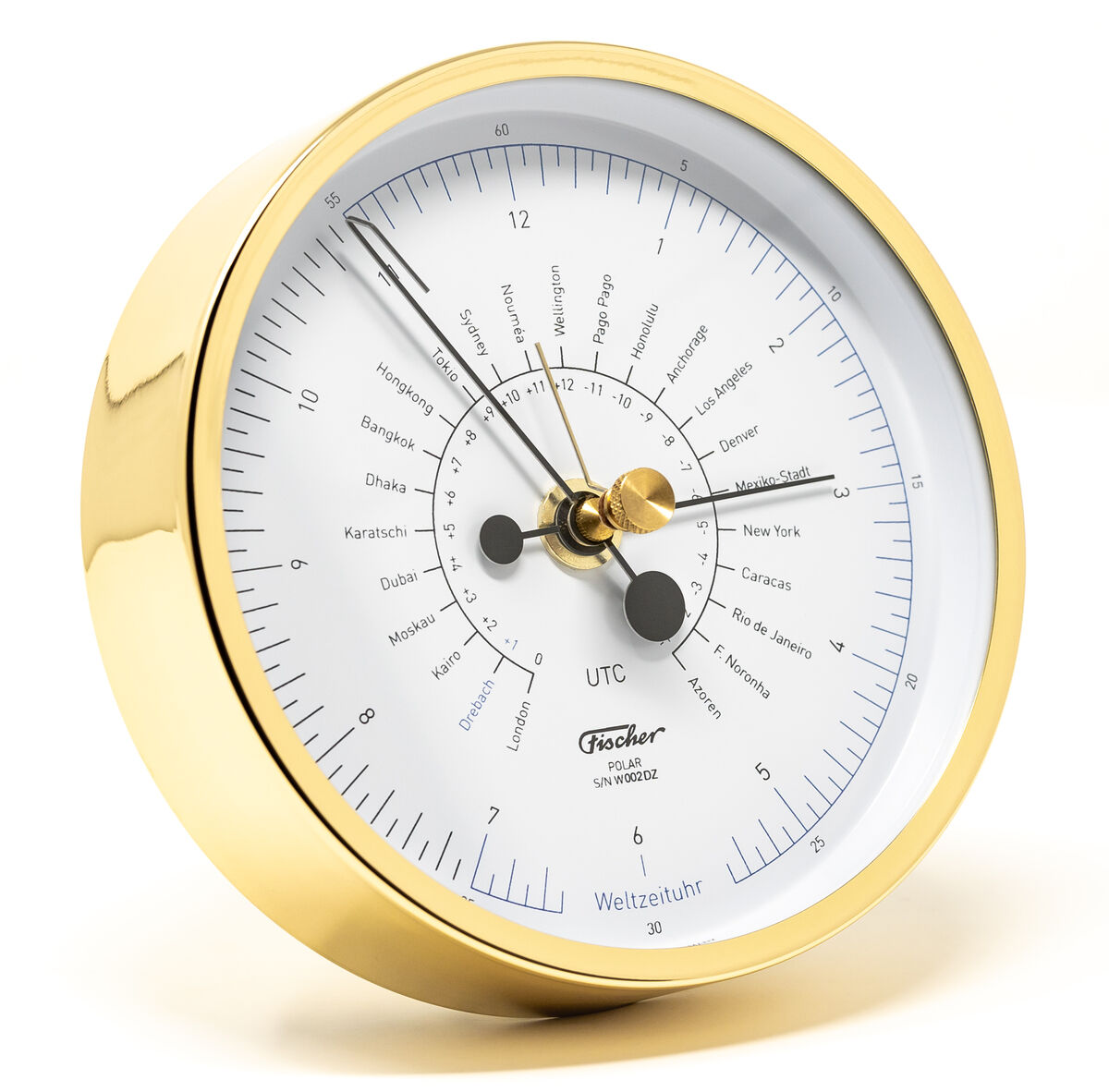 ZEIT-Sonderedition »POLAR Weltzeituhr« von Fischer Manufaktur mit einem goldfarbenen Rand und weißen Ziffernblättern. Ein präzises und luxuriöses Zeitmessinstrument.
