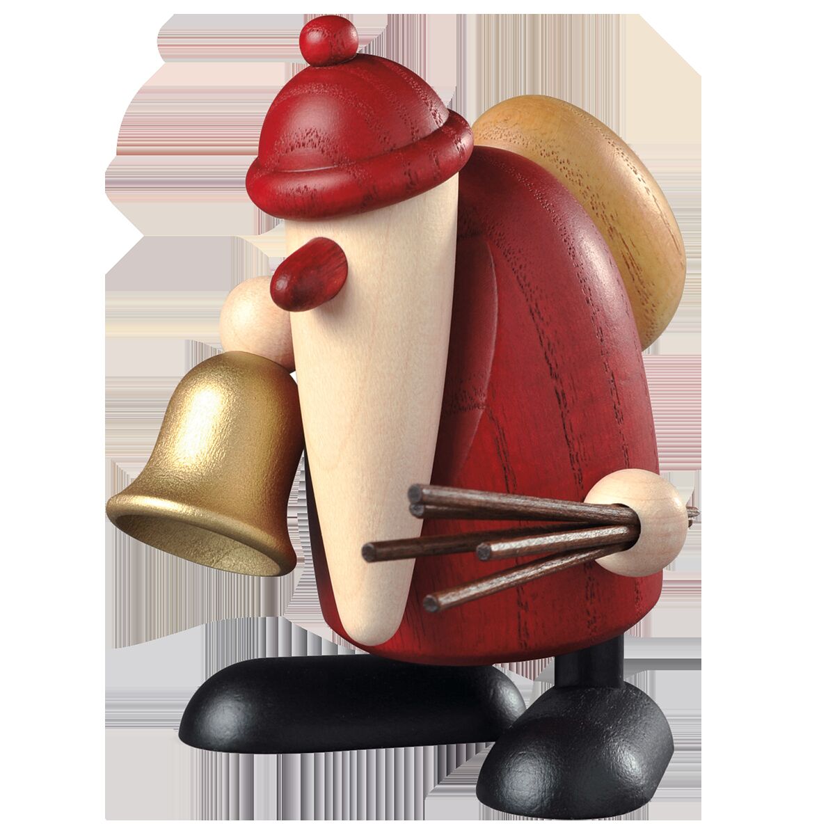 Holzfigur eines stilisierten Weihnachtsmanns mit rotem Mantel und Mütze, einer goldenen Glocke in der linken Hand und einer braunen Rute in der rechten Hand, auf schwarzem Sockel stehend. Die Figur hat einen einfach gestalteten, freundlichen Charakter und eignet sich als festliche Weihnachtsdekoration.