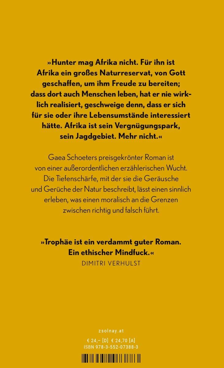 Das Bild zeigt das Cover des Buches 'Trophäe' von Gaea Schoeters in gelber Farbe mit schwarzer Schrift. Der Text auf dem Cover erläutert die Hauptthemen und enthält Zitate von Autoren.