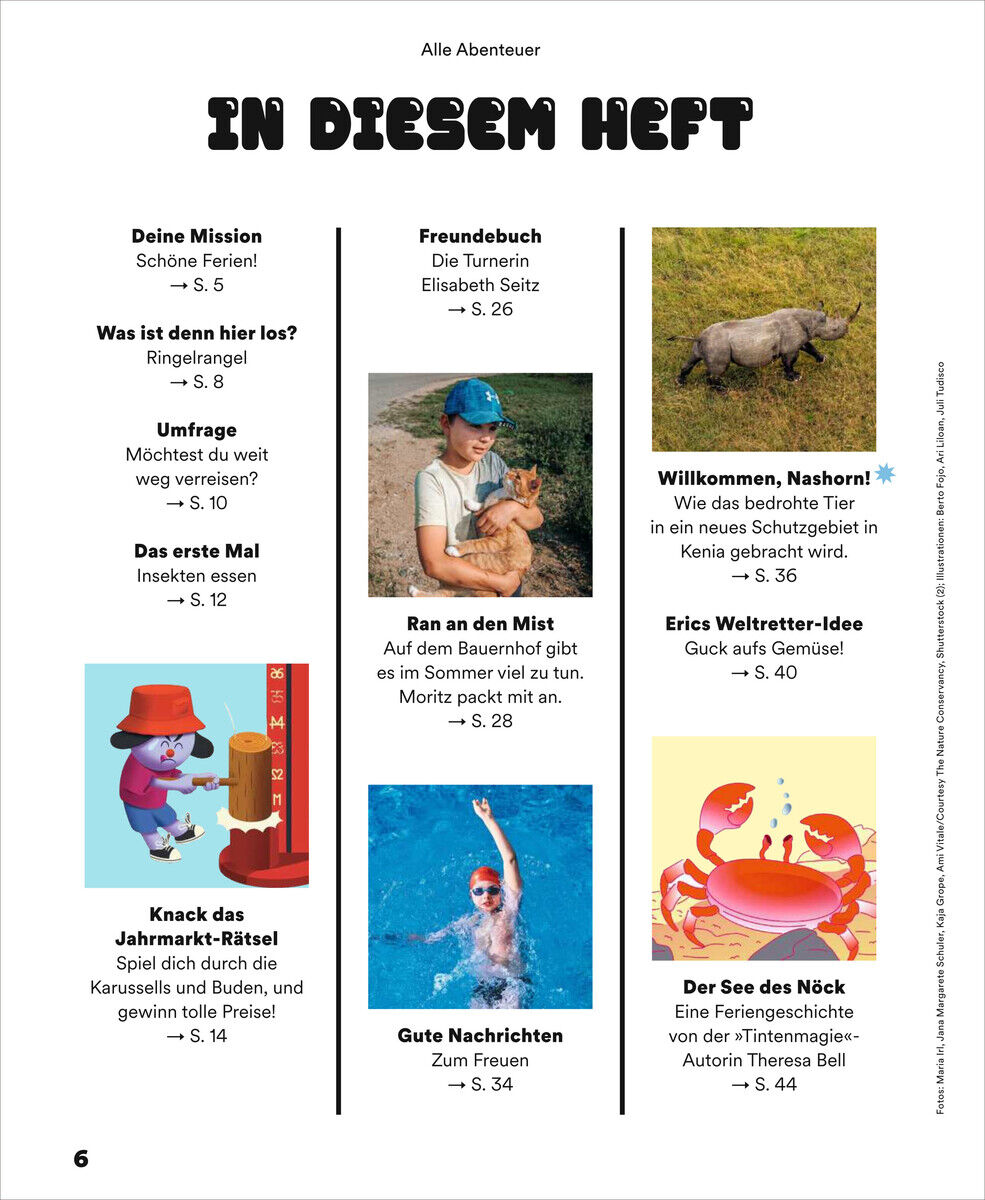 Der Inhalt des Magazins ZEIT LEO 5/24 wird in diesem Bild präsentiert. Es gibt verschiedene Artikel und Rätsel, darunter das 'Knack das Jahrmarkt-Rätsel'. Das Bild zeigt Abschnitte über Abenteuer, Tiere, Freunde, lustige Fakten und weitere spannende Themen. Die Farben des Bildes sind Rot, Blau, Gelb, Weiß und Schwarz.