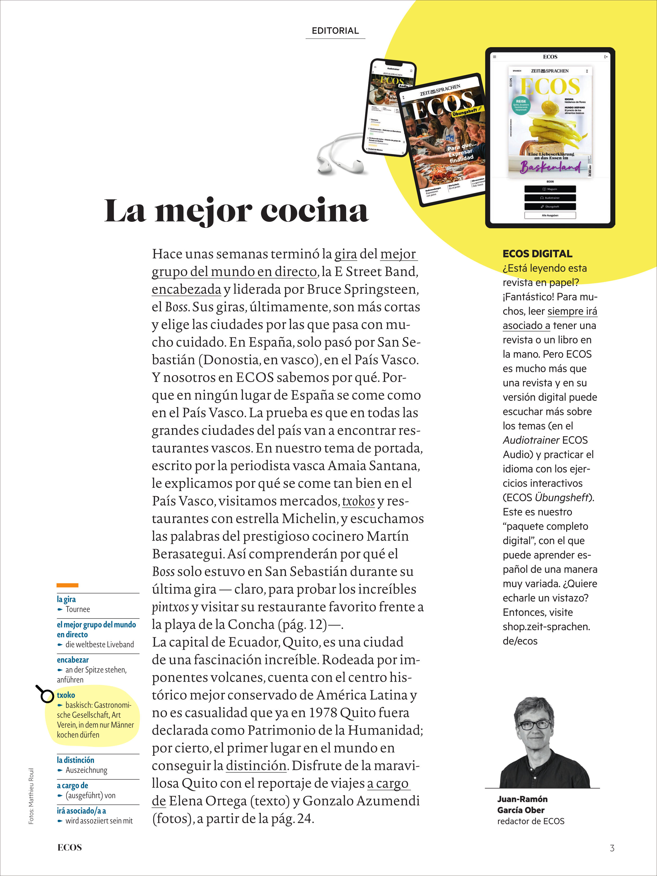 Titelseite und einseitiger redaktioneller Artikel des Magazins 'Ecos Magazin 10/2025' mit spanischem Titel 'La mejor cocina', Textabschnitten, Zeitschriftenumschlägen, einem Tablet mit digitaler Ausgabe und einer Autoreninfo, gestaltet vorwiegend in Weiß, Schwarz und Gelb.